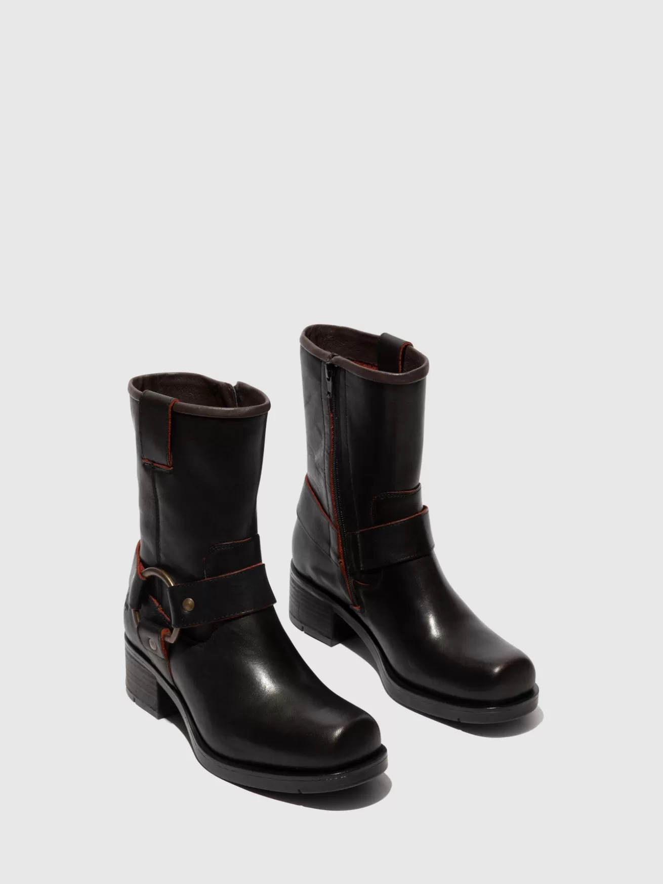 Botins Com Ziper Reva010Fly Preto/Vermelho-Fly London New