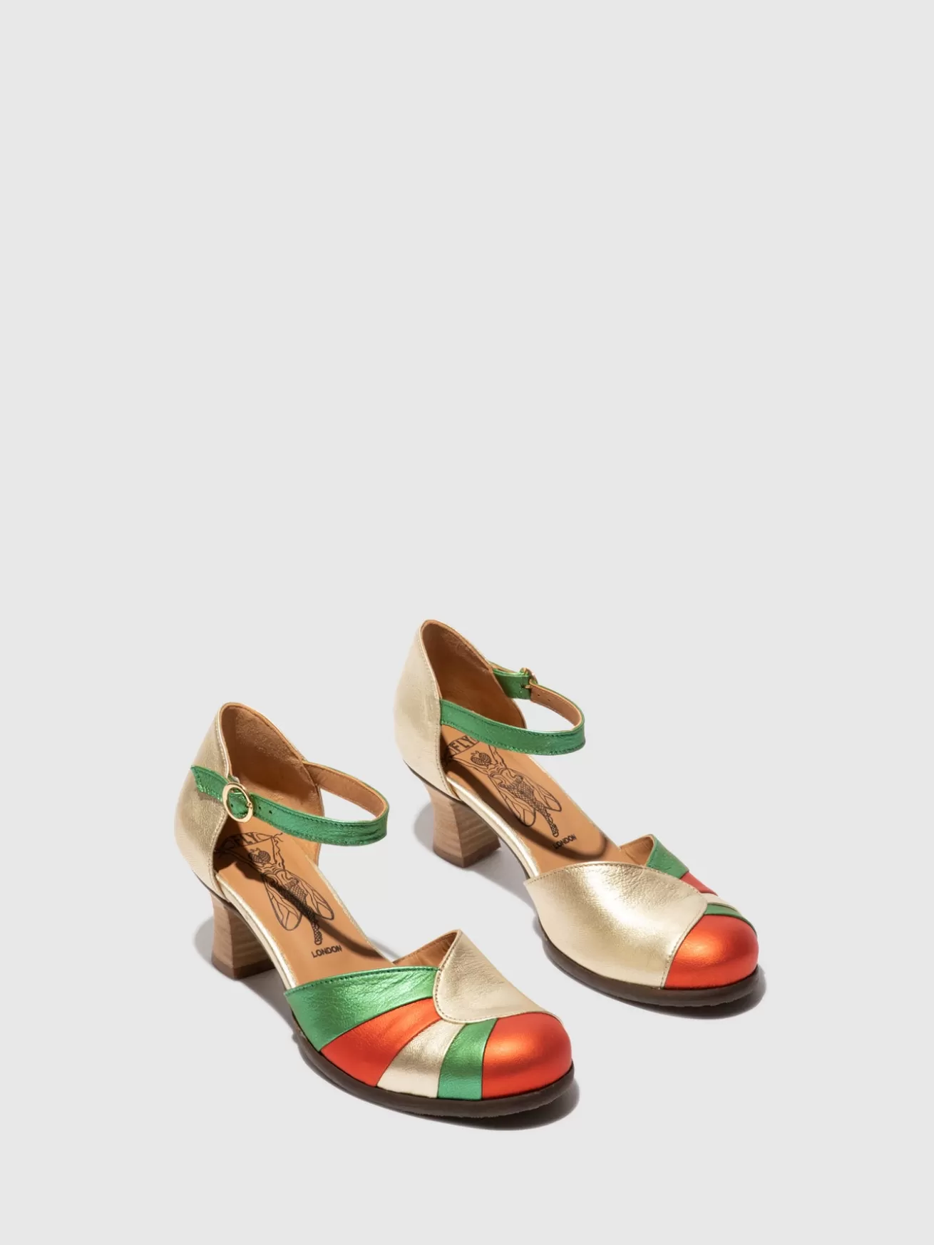 Sapatos De Salto Besh087Fly Dourado/Vermelho/Verde-Fly London Shop